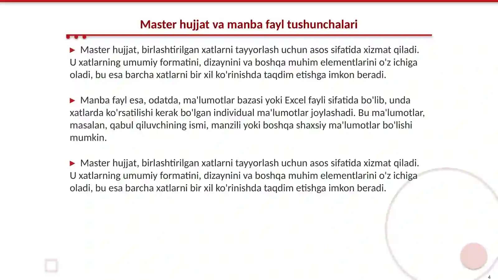 Elektron xatlarni birlashtirish. Master hujjatni manba faylga biriktirish 4