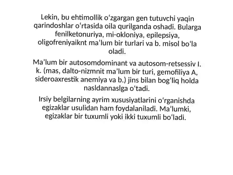 Irsiy kasalliklar, xramasoma kasalliklari. Irsiy kasalliklar . Gen va irsiyatga moyil kasalliklar. Nikoh turlari. tibbiy genetik maslahatlar 4