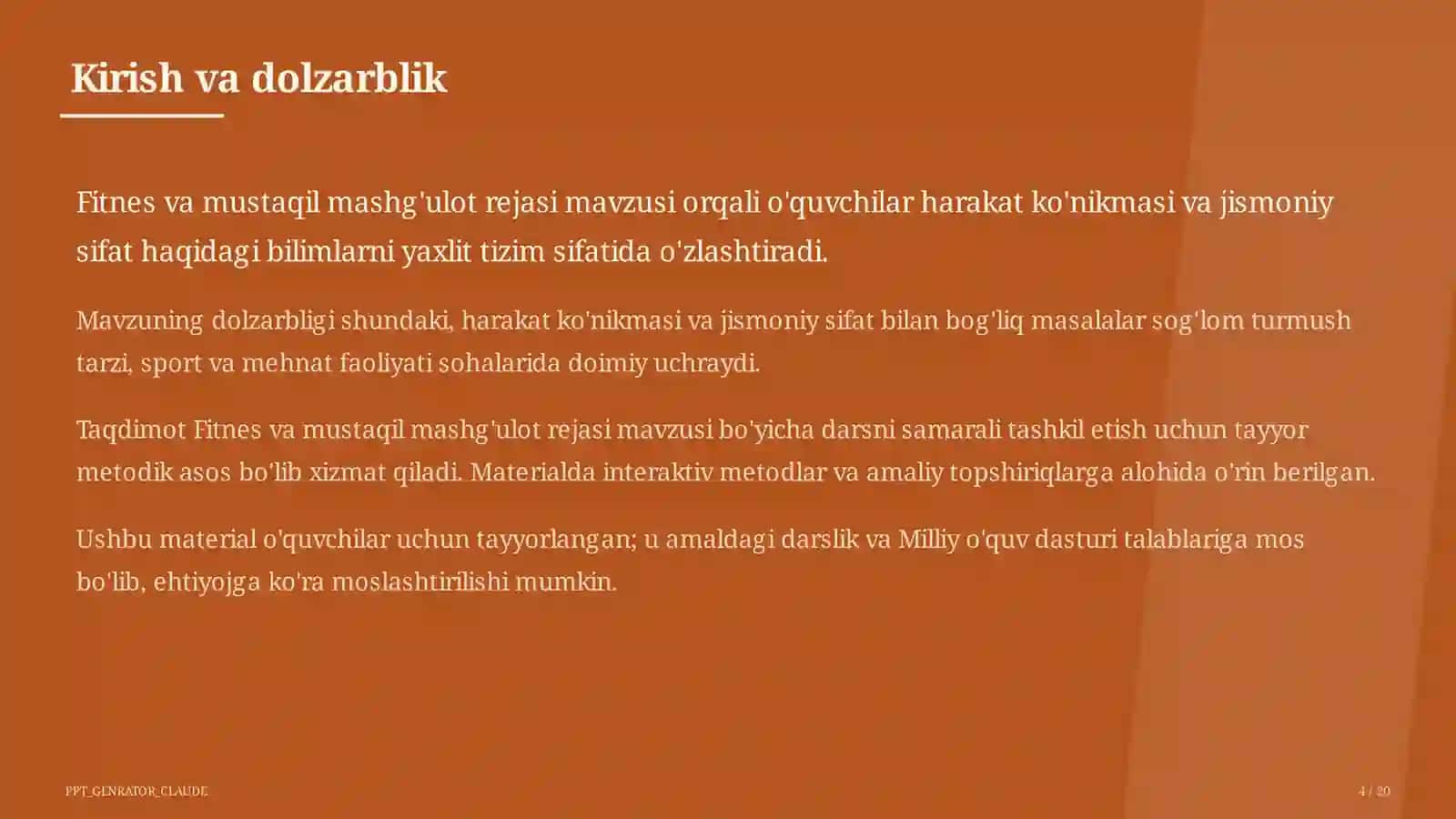 Fitnes va mustaqil mashg'ulot rejasi (11-sinf) 4