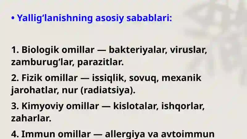 Yallig‘lanishning tizimli ta’sirlari. Hujayradan tashqari matriks va hujayra-matriks o‘zaro ta’siri. To‘qima regeneratsiyasi mexanizmi. 4