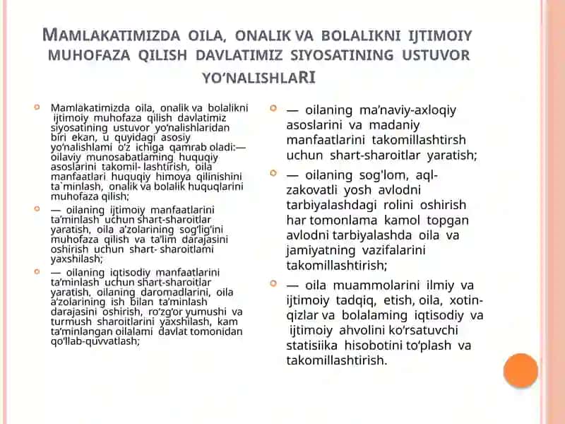 OILADA BOLA TARBIYASI DAVLATSIYOSATIDAGI USTUVOR VAZIFALARDANBIRI EKANLIGI 4