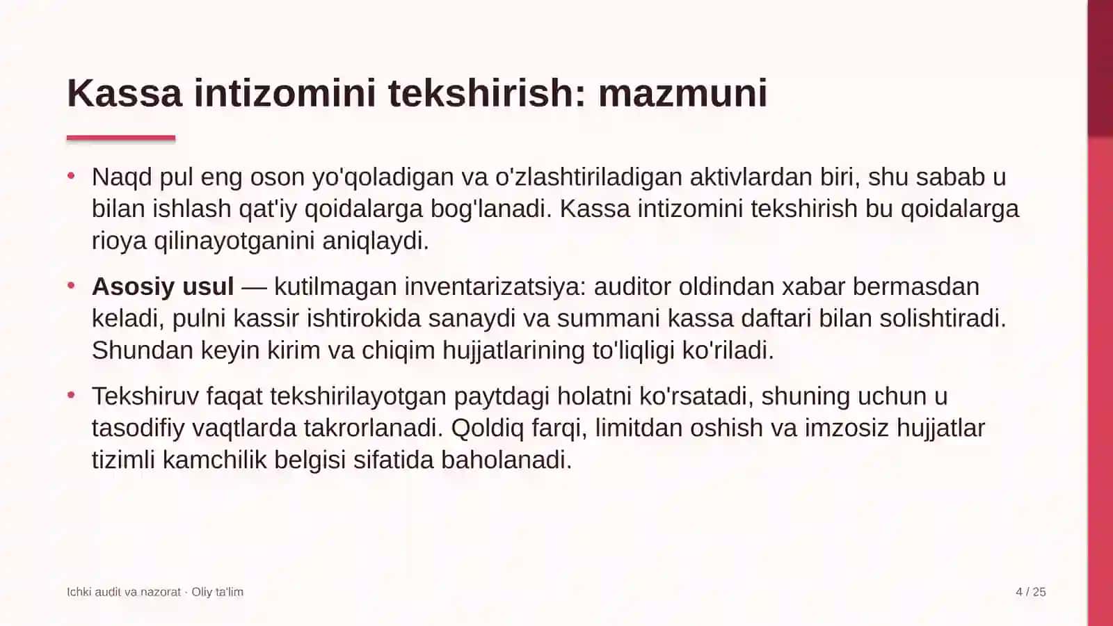 OLIY TA'LIM: Kassa intizomini tekshirish 4