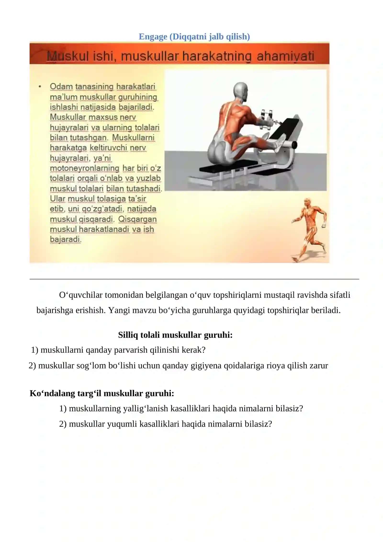 “Muskullar” 8-sinf Biologiya bir soatlik dars ishlanmasi 4