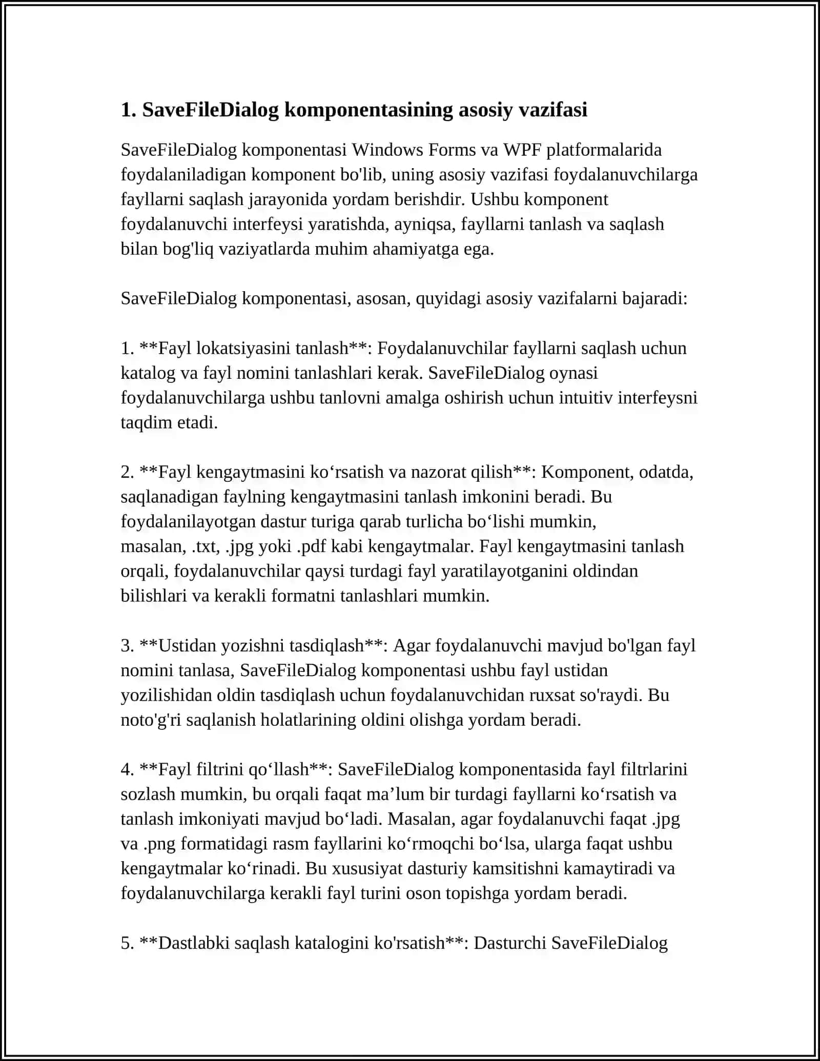 VISUAL STUDIO MUHITIDA SAVEFILEDIALOG KOMPONENTASI. UNING XOSSALARI, HODISALARI, METODLARI. UNGA OID MISOLLAR 4