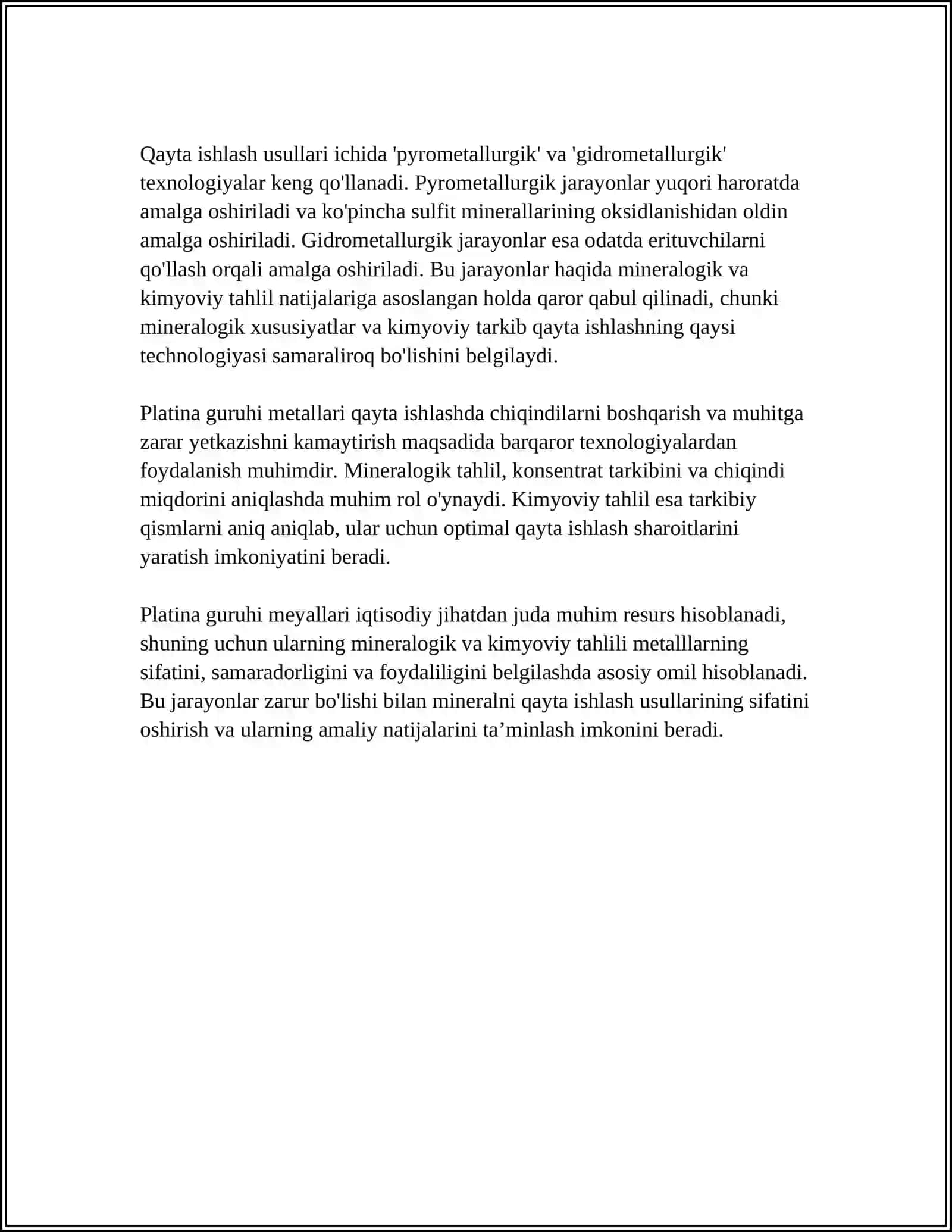 PLATINA GURIH MEYALLARI TARKIBLI KONSENTRATLARNI QAYTA ISHLASH 4