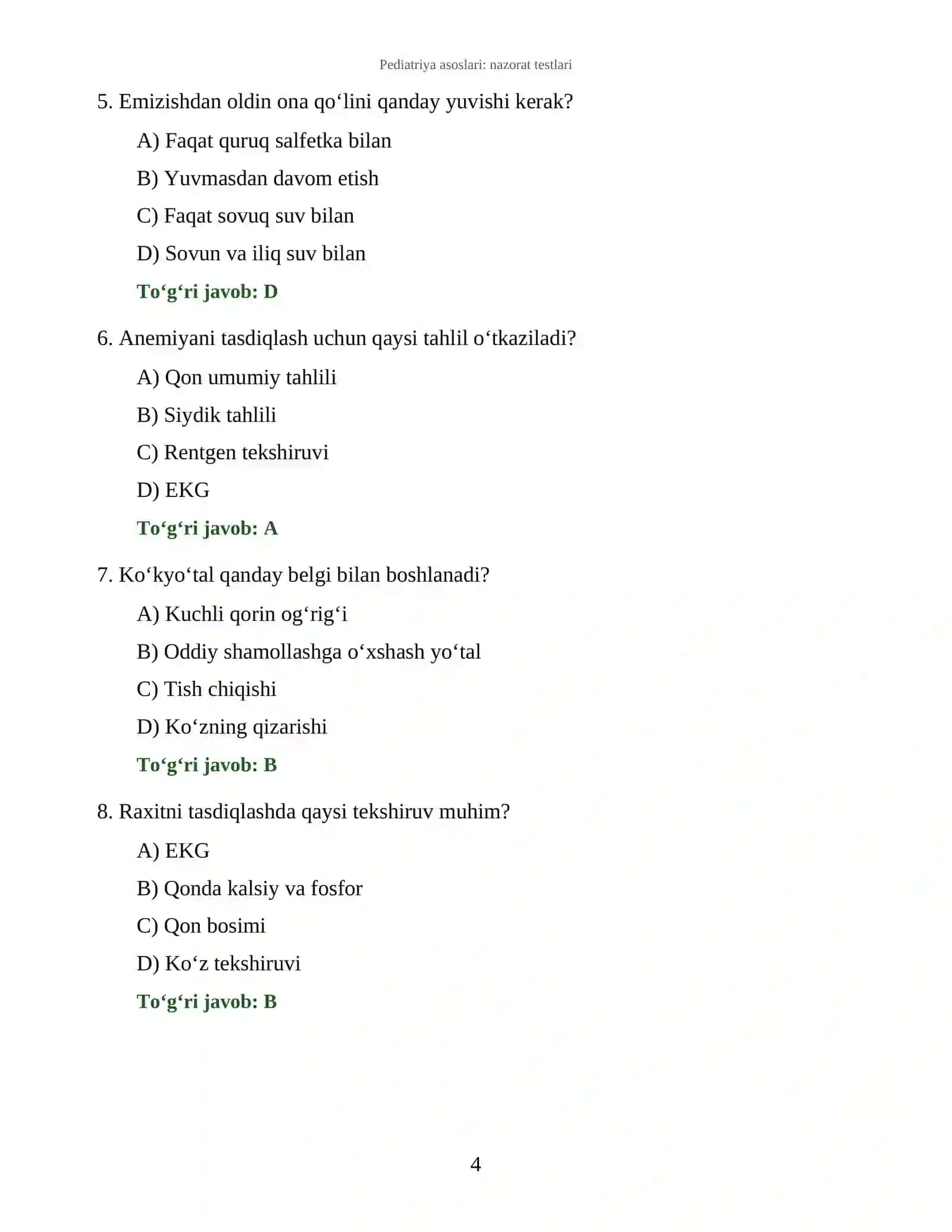 Pediatriya asoslari: nazorat testlari 4