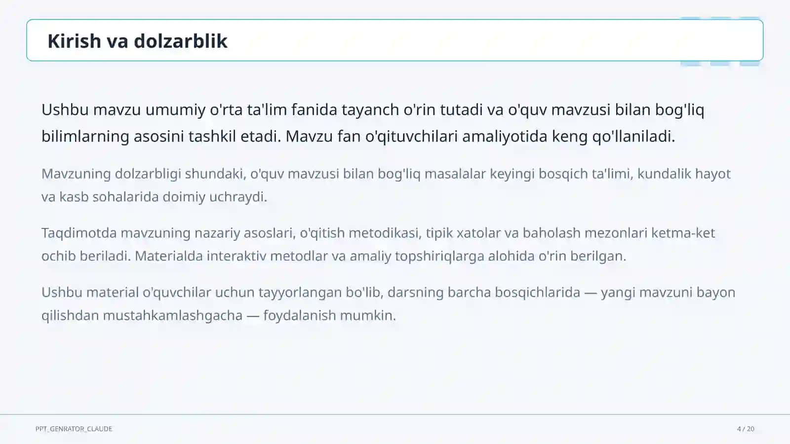 Dolzarb mavzular — maktab va o'qituvchilar (2026) — o'quvchilar uchun 4