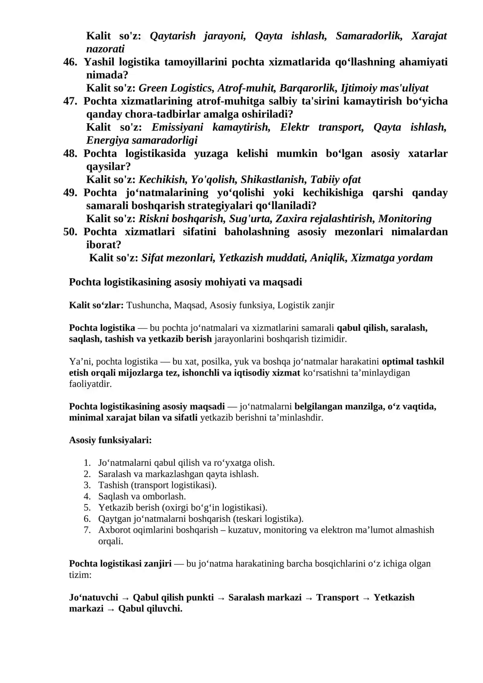 Pochta logistikasi fanidan oraliq nazorat savollari 4