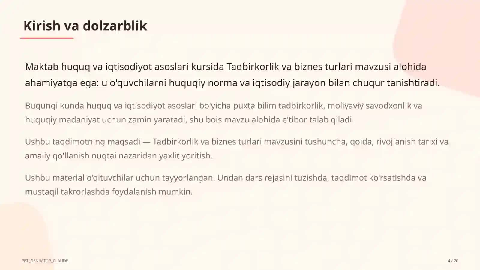 Tadbirkorlik va biznes turlari (10-sinf) 4