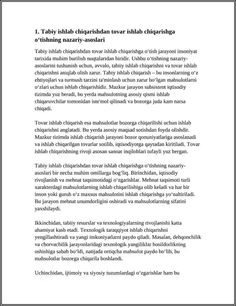 NATURAL ISHLAB CHIQARISHDAN TOVAR ISHLAB CHIQARISHGA OTISH VA UNING RIVOJLANISHI 4