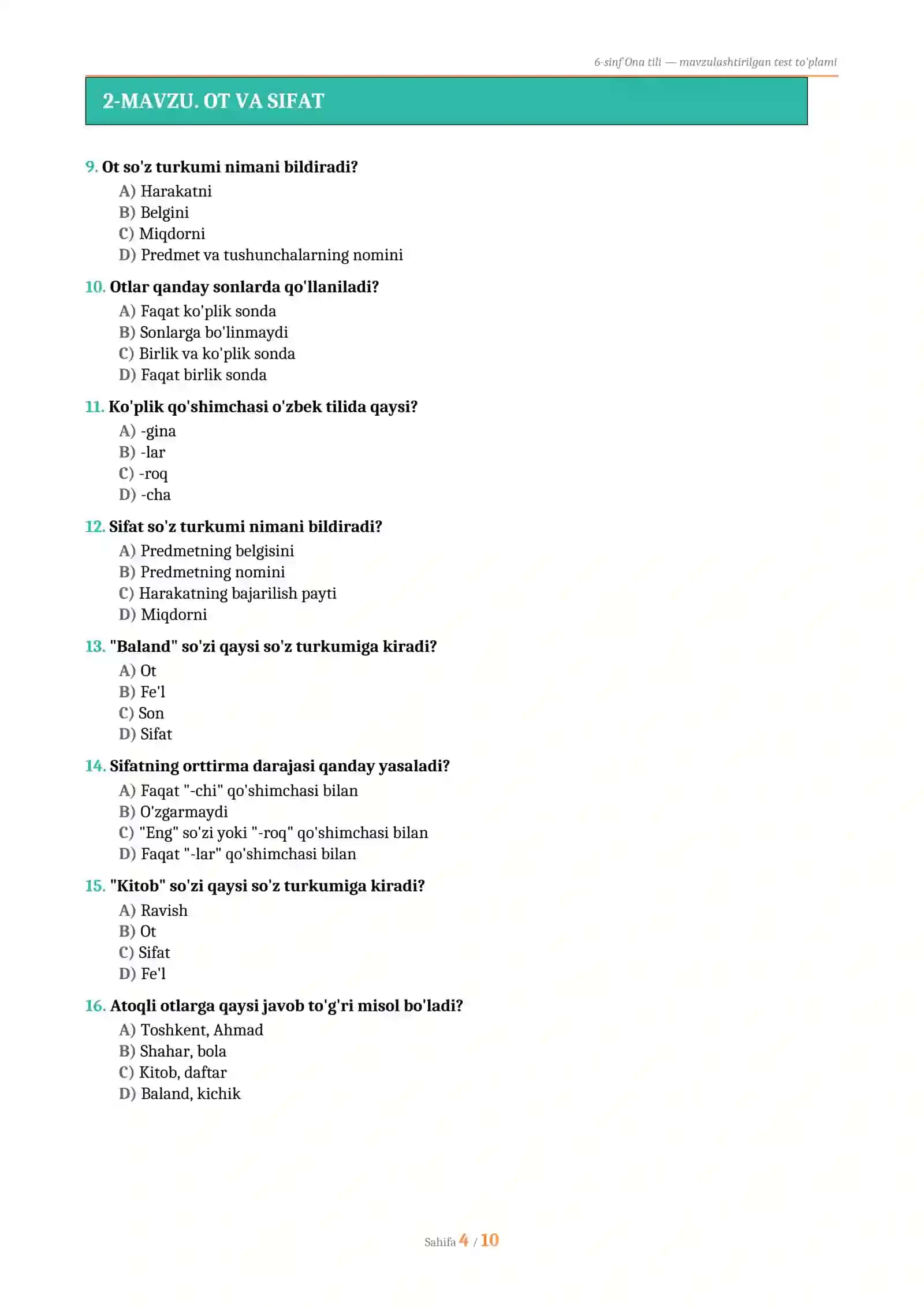 6-SINF ONA TILI — GRAMMATIKA MAVZULASHTIRILGAN TEST TO'PLAMI 2026 (56 savol, javoblari bilan) 4