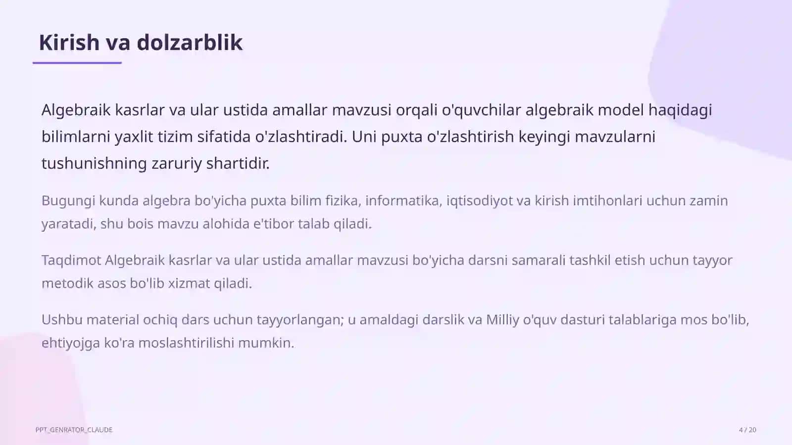 Algebraik kasrlar va ular ustida amallar (8-sinf) 4