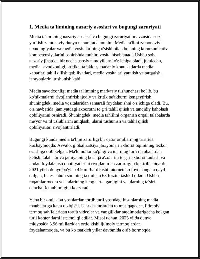 MEDIA TALIMNING BUGUNGI KUNDAGI ZARURIYATI.MEDIA VA AXBOROT SAVODXONLIGINI RIVOJLANTIRISH YOʻLLARI.FANGA OID TAQDIM ETILGAN ADABIYOTLARNI OʻRGANISH 4