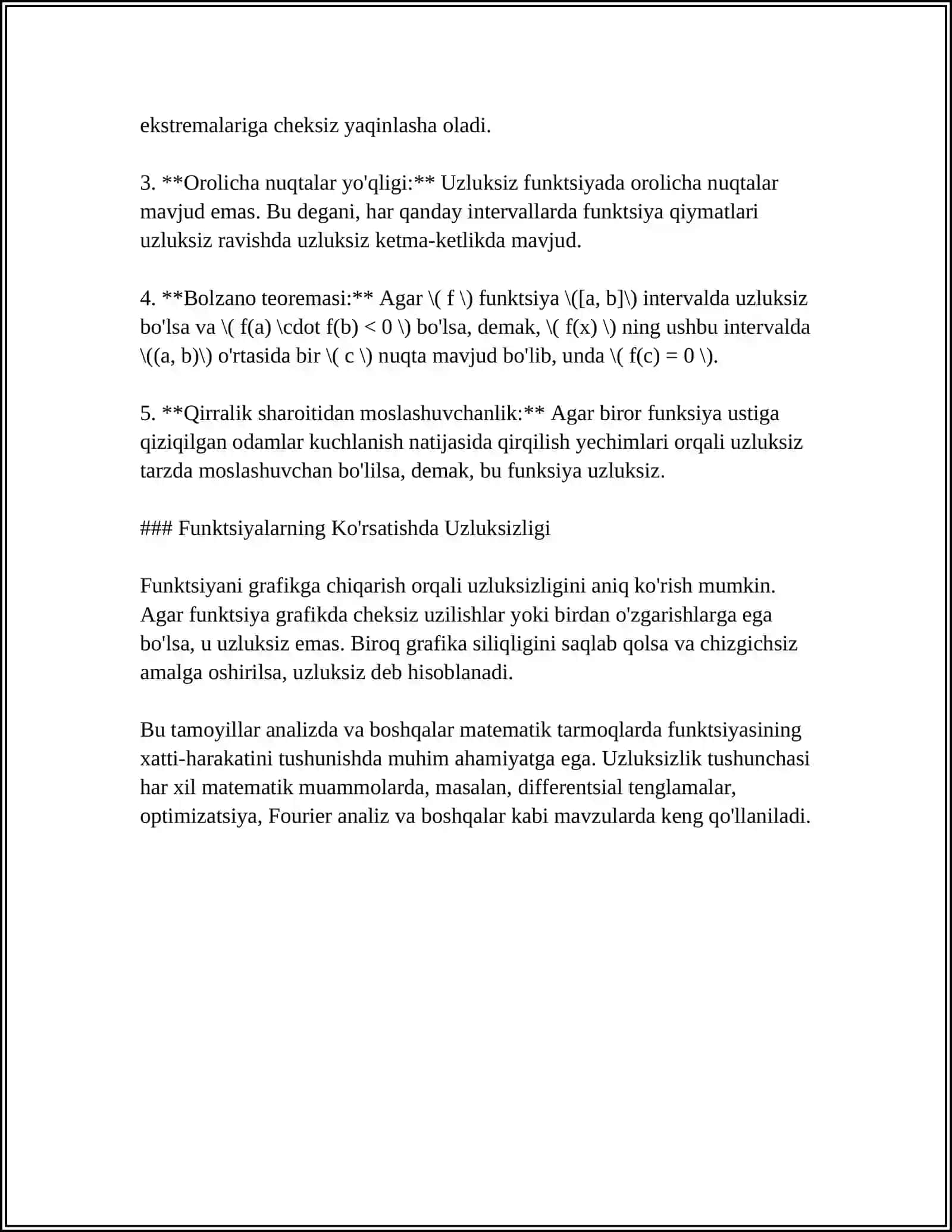 FUNKSIYANING UZLUKSIZLIGI.FUNKSIYANING UZILISH NUQTALARI VA ULARNING TURLARI. FUNKSIYA DIFFIRANSIYANUVCHANLIGI 4