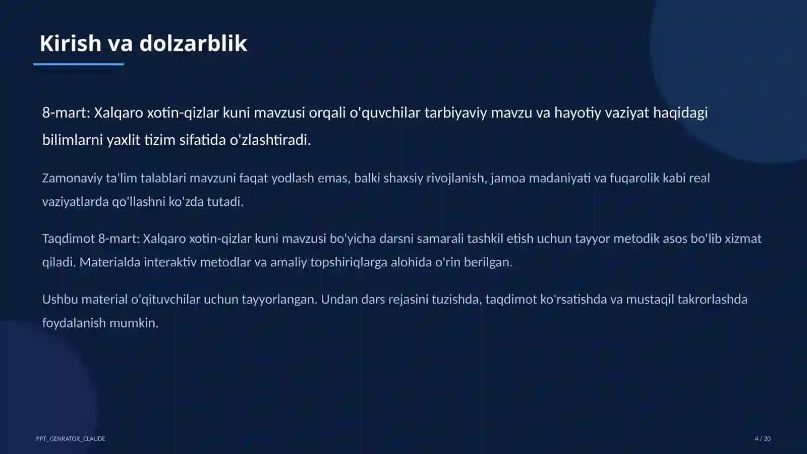 Sinf soati va tarbiyaviy tadbirlar (1–11) — o'qituvchilar uchun 4