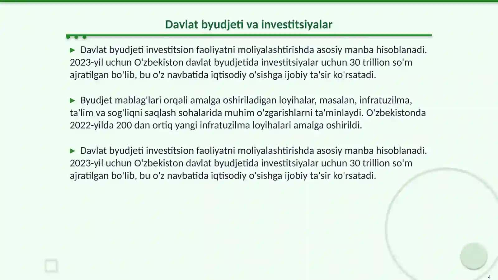 Investitsion faoiliyatni moliyalashtirishning davlat manbalari 4