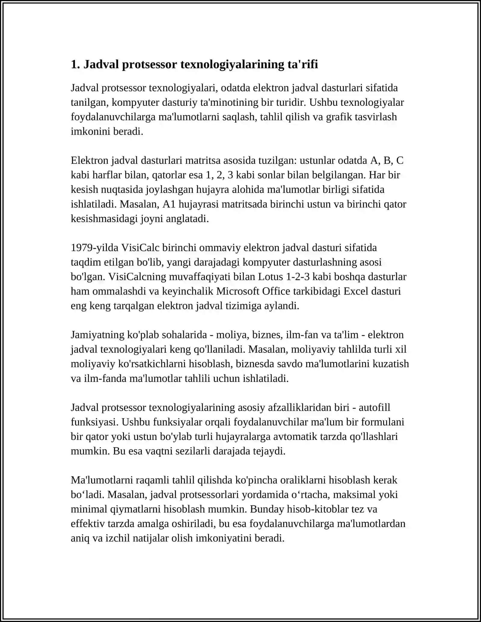 Jadval Protsessor Texnologiyalari 4
