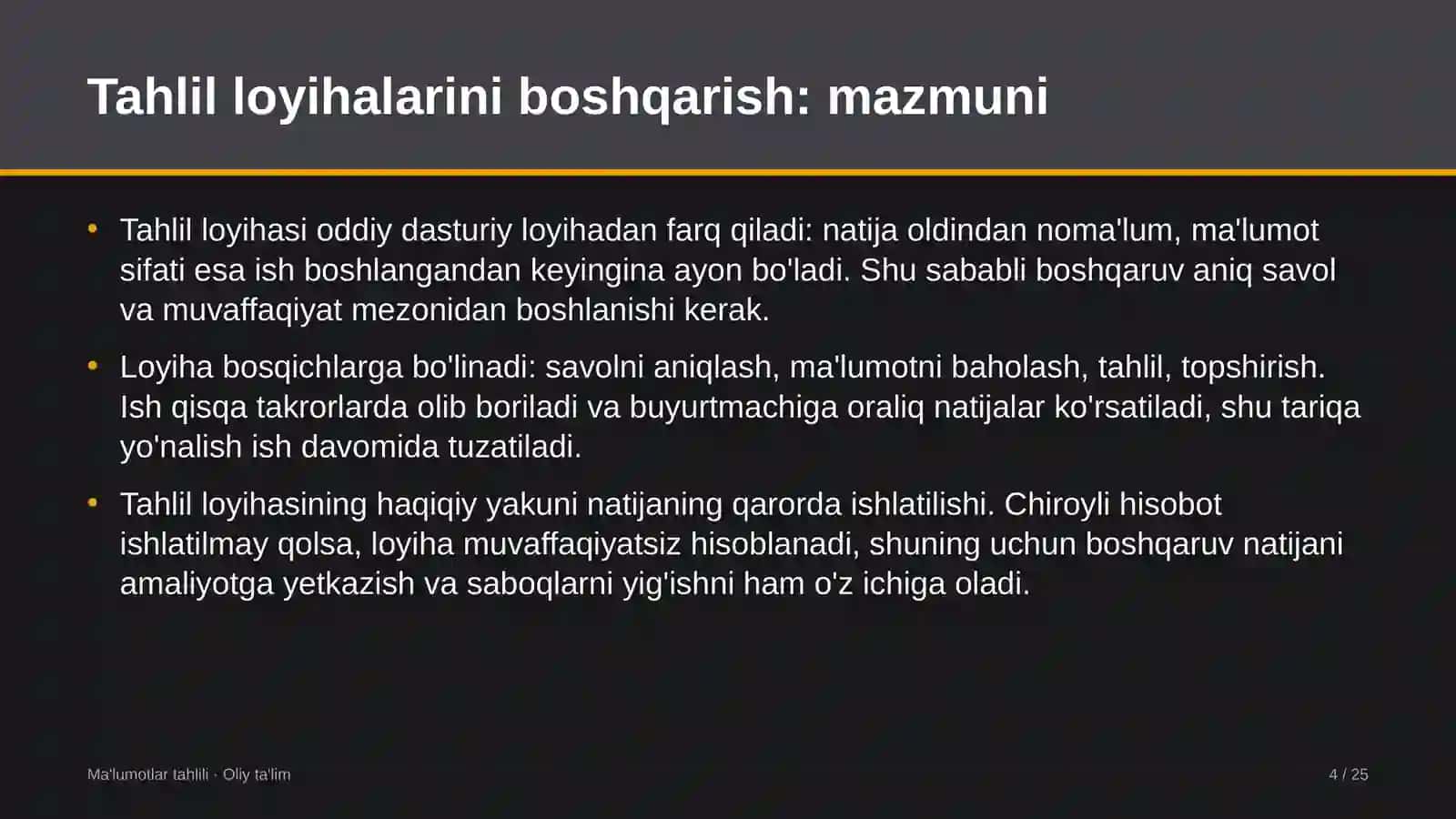 yetkazib berish xizmatlarida ma'lumotlar tahlili loyihalarini boshqarish 6874 4