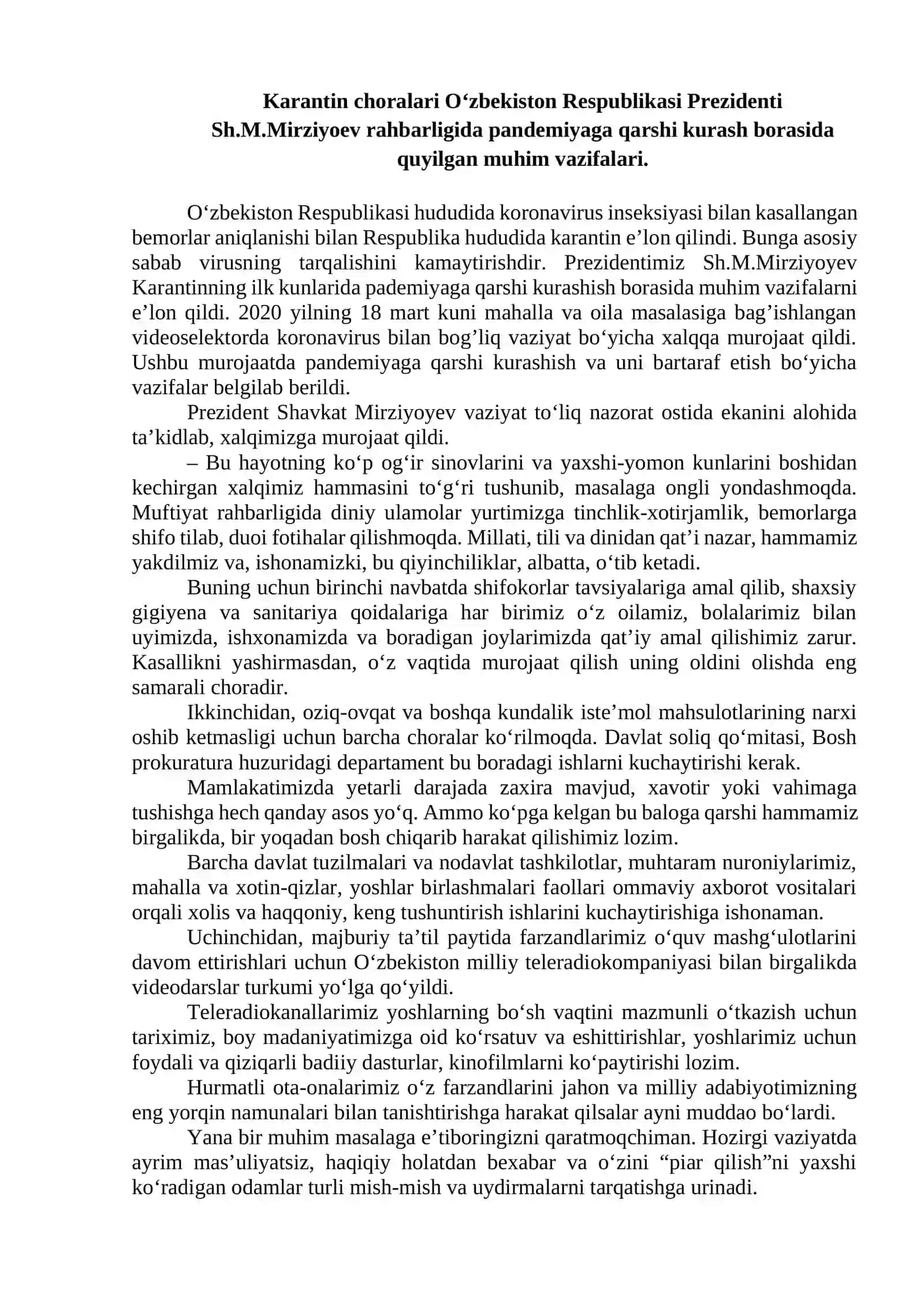 O‘zbekiston Pandemiya sharoitida davlatimizning xalq salomatligini asrash borasidagi samarali faoliyati 4