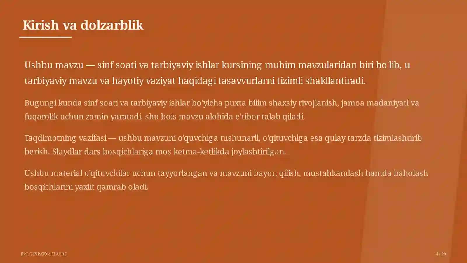 Sinf soati va tarbiyaviy tadbirlar (1-11) - o'qituvchilar uchun 4