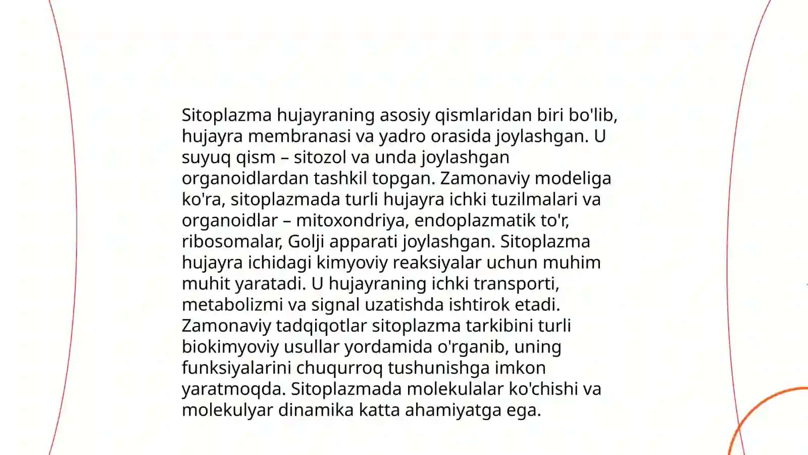 Òsimliklarda yadro, sitoplazma va uning zamonaviy modeli,vakuola,plastidalar, peroksisoma. Sitoplazmaning harakati, protoplazmaning qovushqoqligi,diffuziya va osmos, turgor va hujayraning sòrish kuchi 4