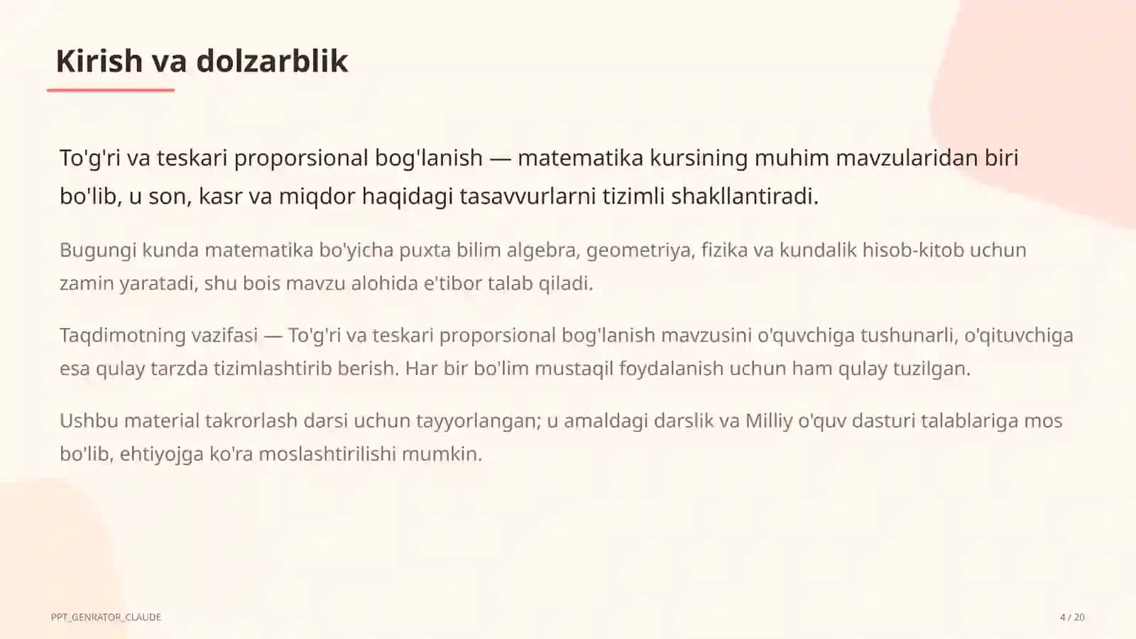 To'g'ri va teskari proporsional bog'lanish (6-sinf) 4