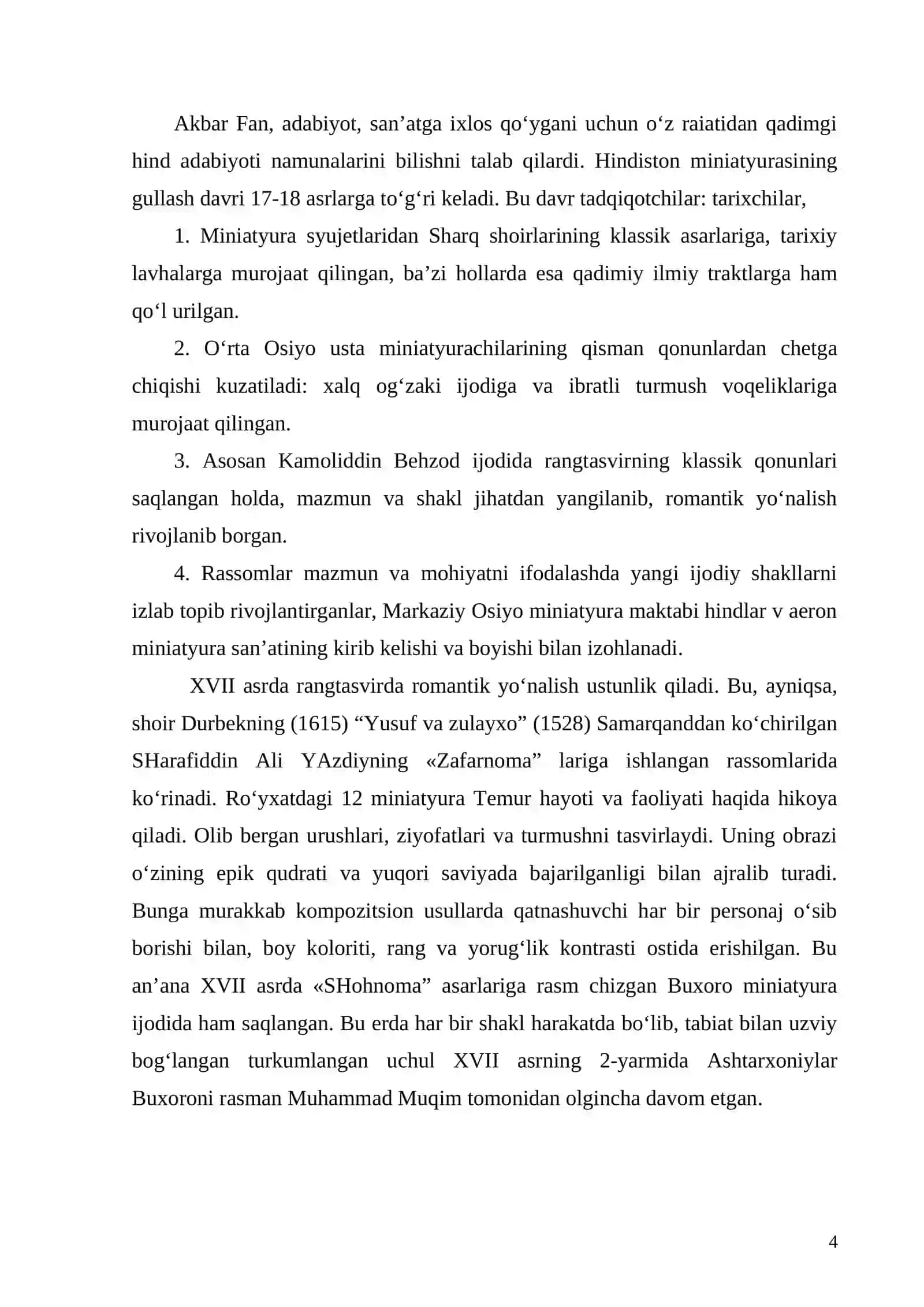 Buxoro miniatyura maktabi usulida ijodiy kompozitsiyalar bajarish texnologiyasi. BMI 4