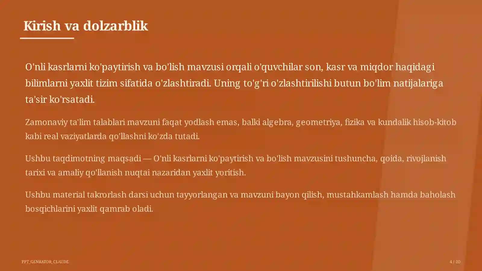 O'nli kasrlarni ko'paytirish va bo'lish (5-sinf) 4