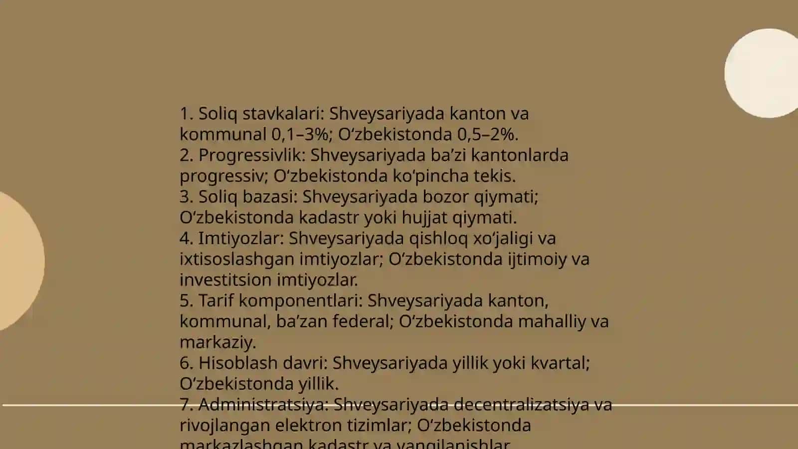 Shveysariya davlatini yer solig’ini O’zbekiston davlatini yer soligi bilan 7 ta element asosida taqqoslash 4