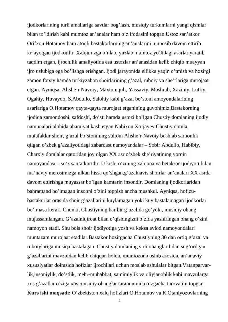 "Musiqa tarixi" fanidan "O’zbekiston xalq hofizlari va bastakorlari ijodiyotini o’rganish" mavzusida yozgan kurs ishi 4