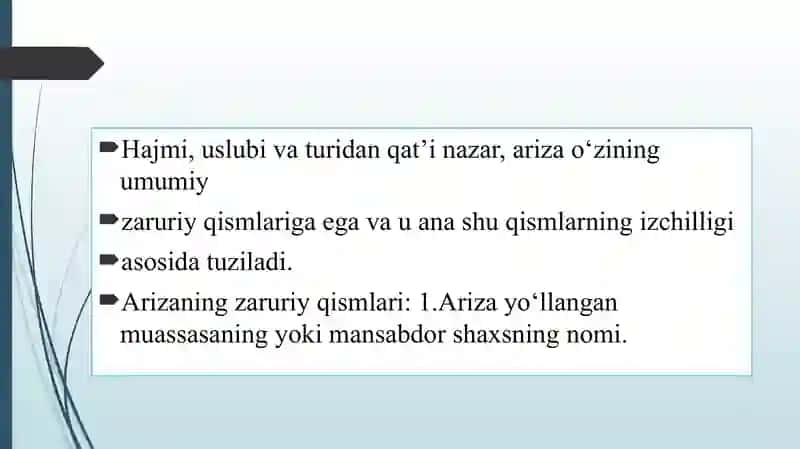 ARIZA, BAYONNOMA VA BAYONNOMADAN KO'CHIRMA YUZASIDAN GURUHLARDA TAQDIMOT TAYYORLASH. BILDIRISHNOMA, DALOLATNOMA, VASIYATNOMA YUZASIDAN TAQDIMOT TAYYORLASH 4