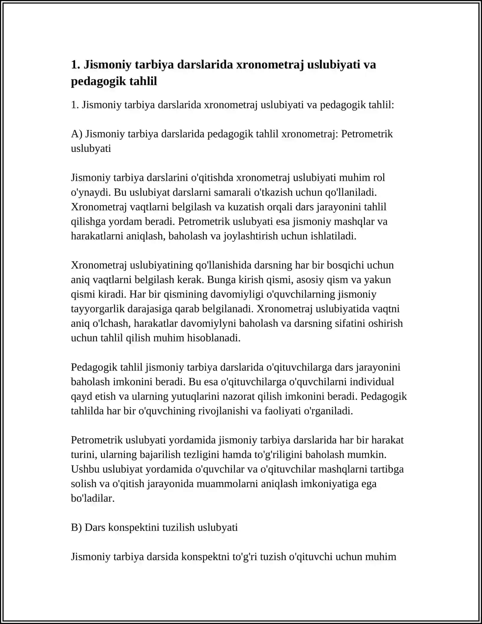 A)JISMONIY TARBIYA DARSLARIDA PEDAGOGIK TAHLIL XRONOMETRI PETROMETIK USLUBYATI 4