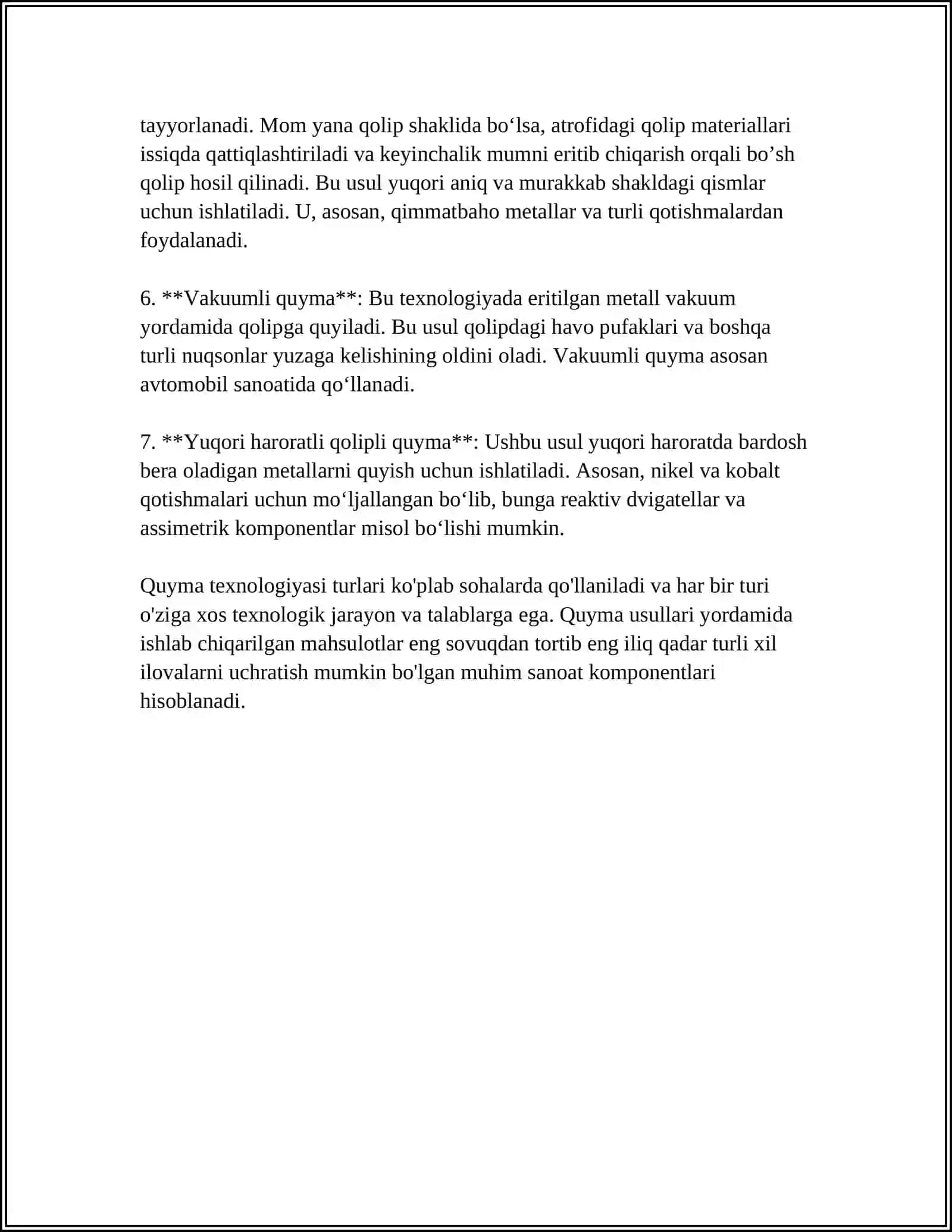 MUSTAQIL ISH Mavzu: QUYMAKORLIK USULLARINI AFZALLIGLARI VA KAMCHILIKLARI 4
