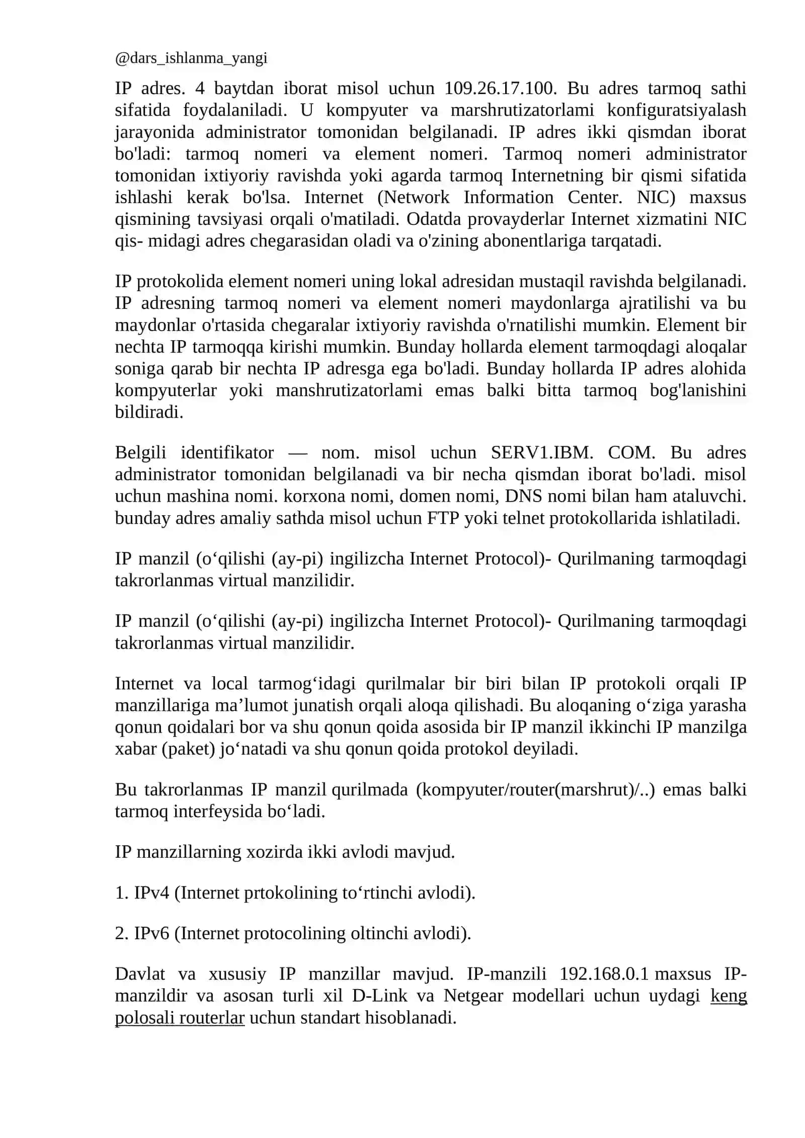 IP ADRESLARDAN FOYDALANGAN HOLDA TARMOQLARNI ADRESLASH 4