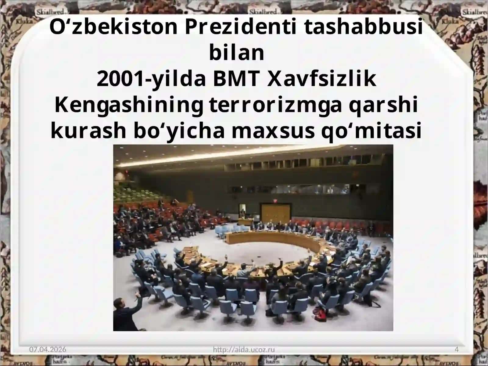O‘zbekistonning Birlashgan Millatlar Tashkilotidoirasidagifaoliyativatinchlikparvartashqisiyosati 11-sinf O’zbekistontarixifanidarsligiasosida21-mavzu 4