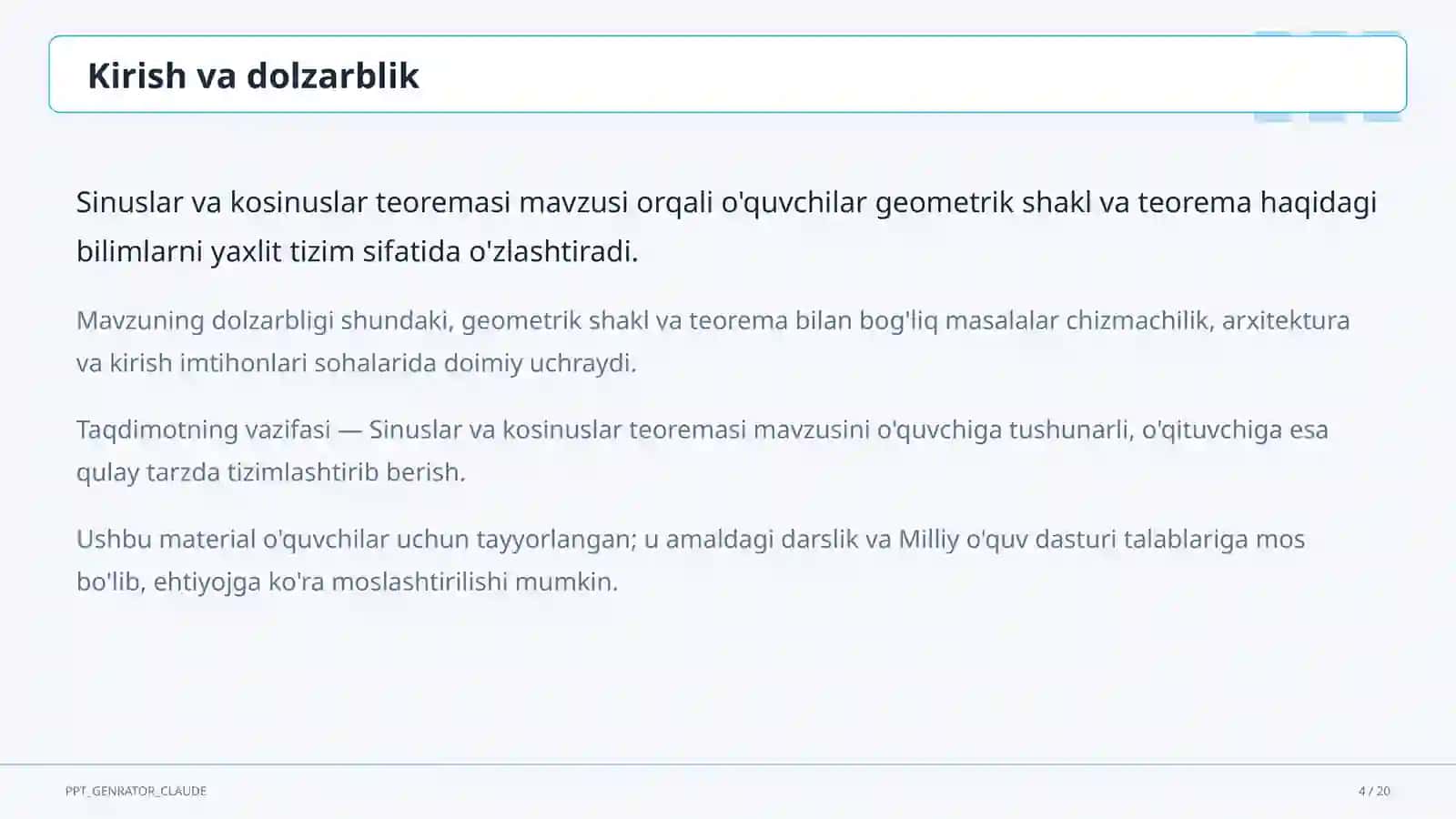 Sinuslar va kosinuslar teoremasi (9-sinf) 4