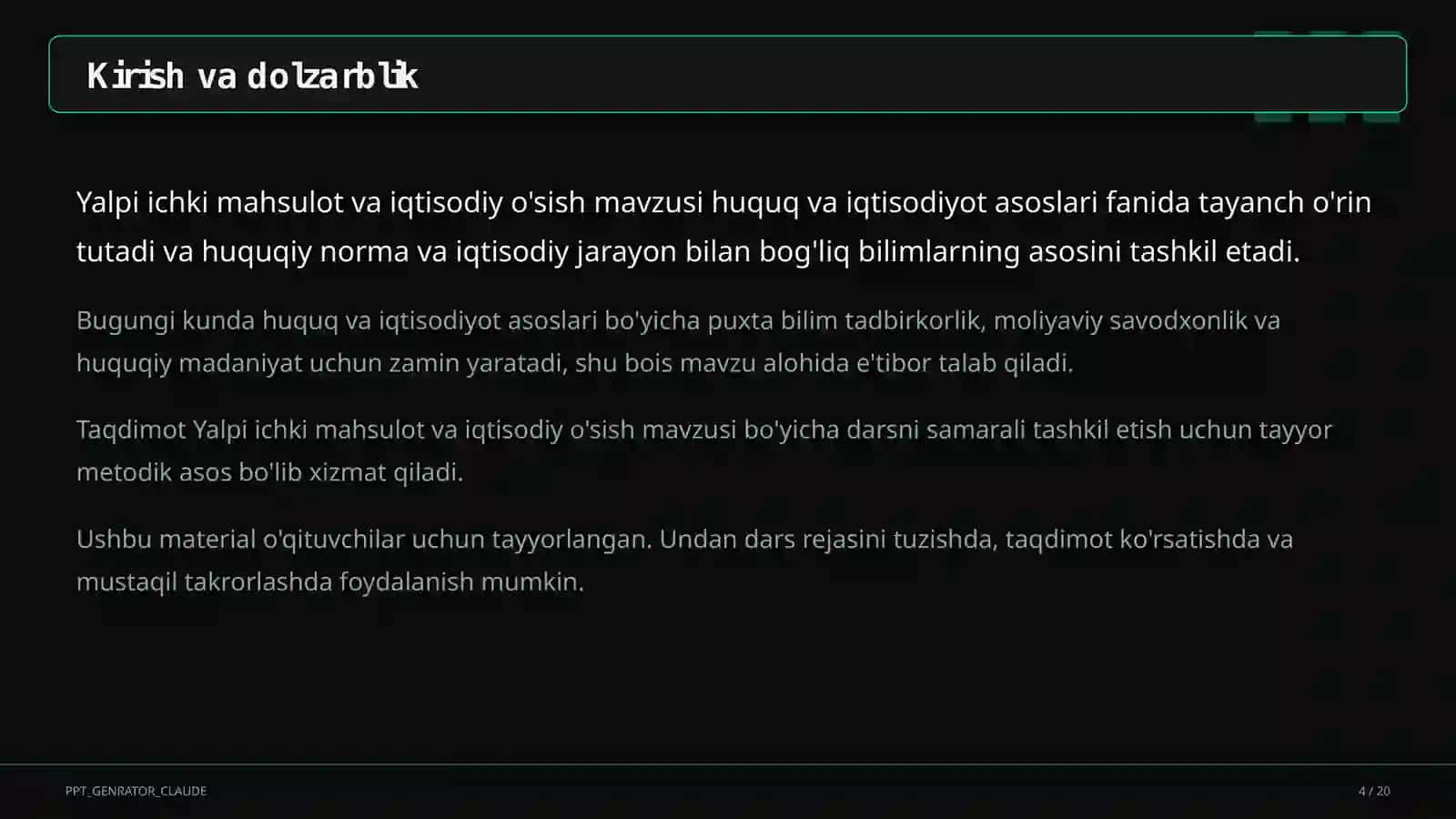 Huquq va iqtisodiyot asoslari (9–11) — o'qituvchilar uchun 4