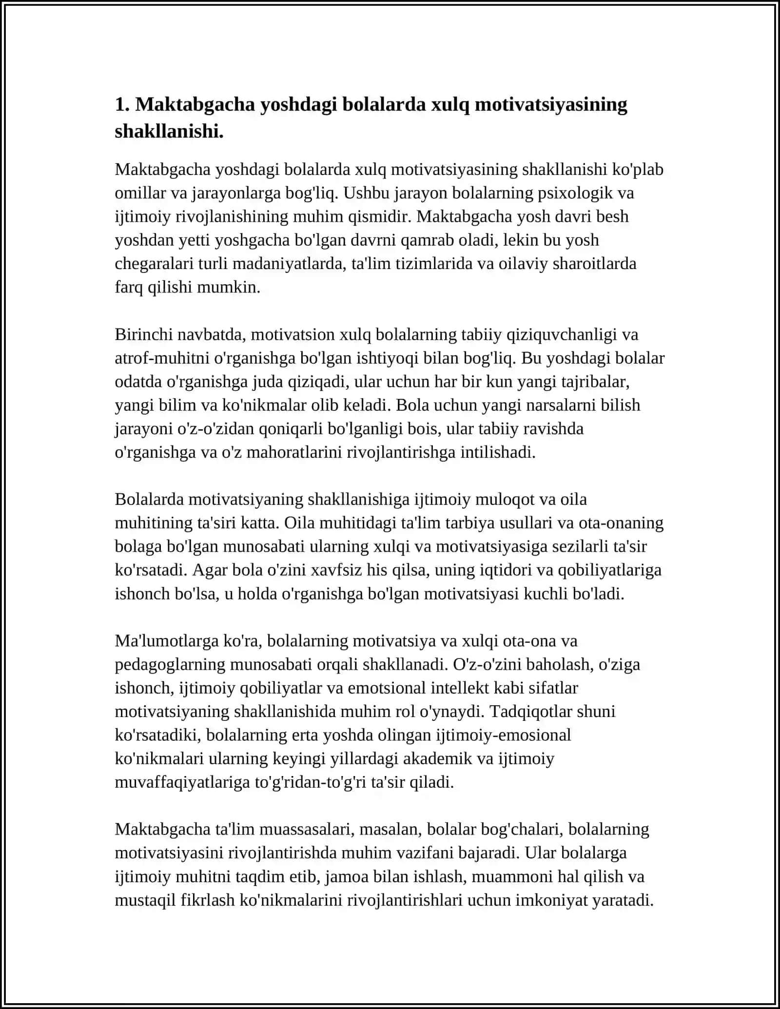 MAKTABGACHA YOSHDAGI BOLADA XULQ MOTIVLARINING RIVOJLANISHI OʻZ OʻZIGA SHAKLLANISHI MAVZUSIDAN 10 VAROQ REFERAT 4
