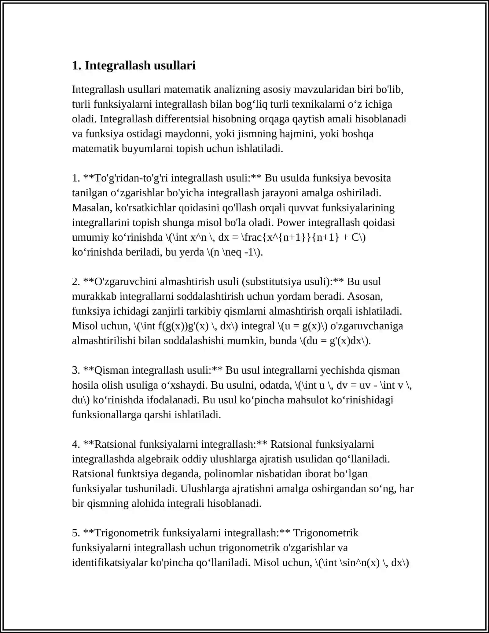 BEVOSITA INTEGRALLASH VA DIFFERENSIAL OSTIGA KIRITISH MUSTAQIL ISH 4