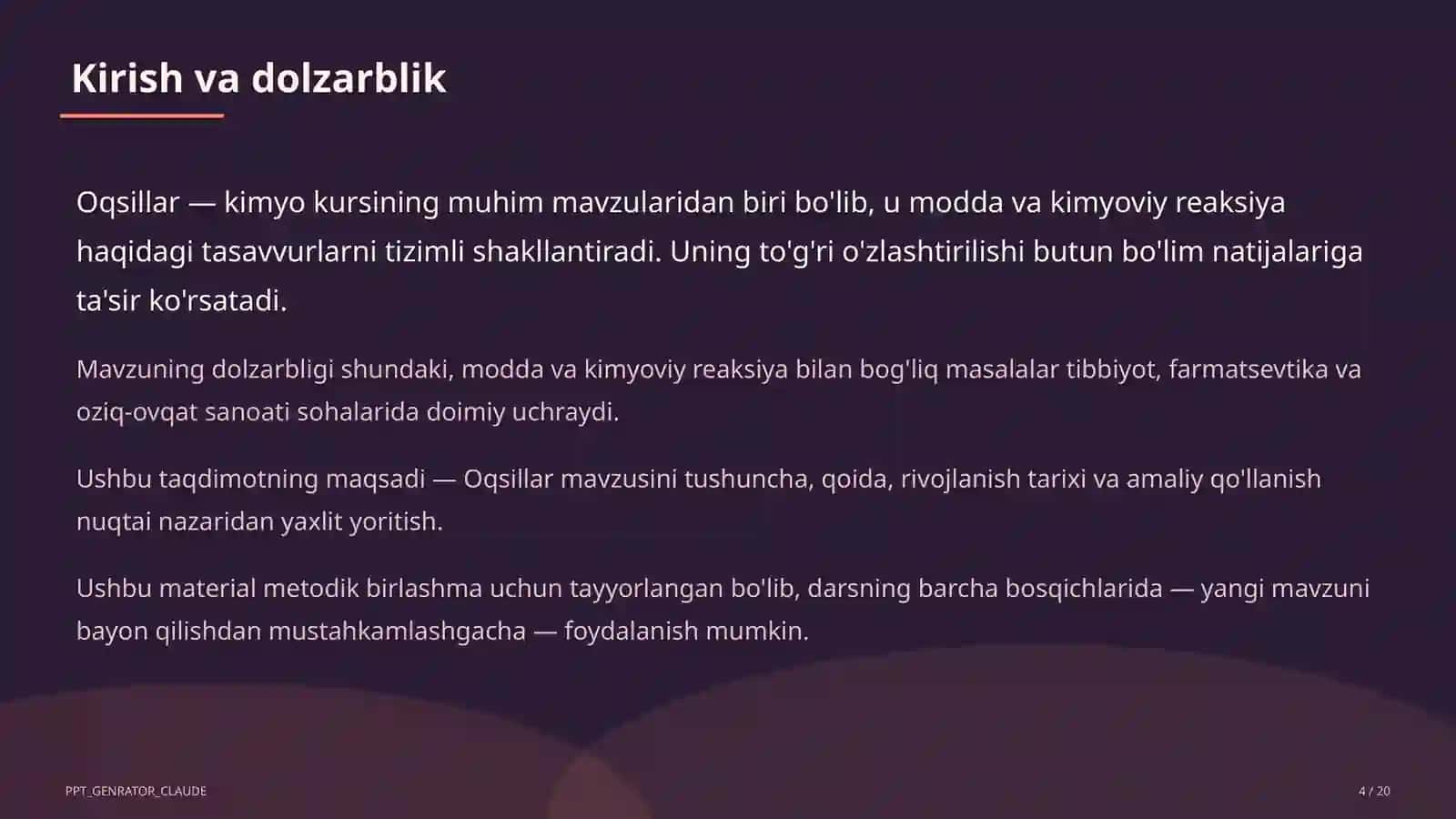 Oqsillar (11-sinf) Kimyo (7–11) — metodik birlashma uchun 4