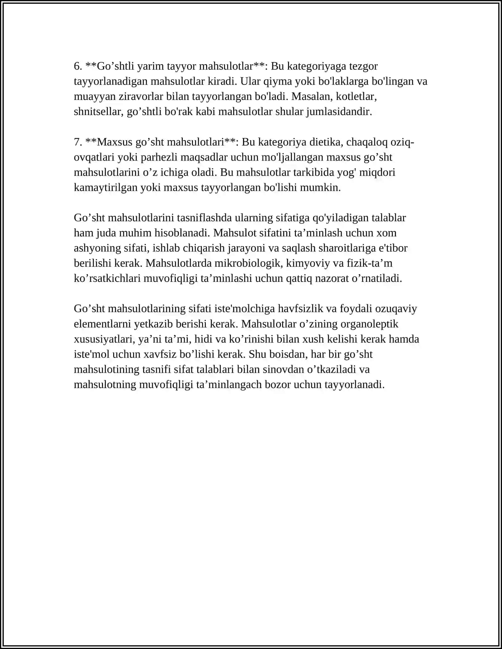 GO’SHT MAHSULOTLARINI KLASSIFIKATSIYA,SIFATIGA QO’YILADIGAN ASOSIY TALABLAR 4