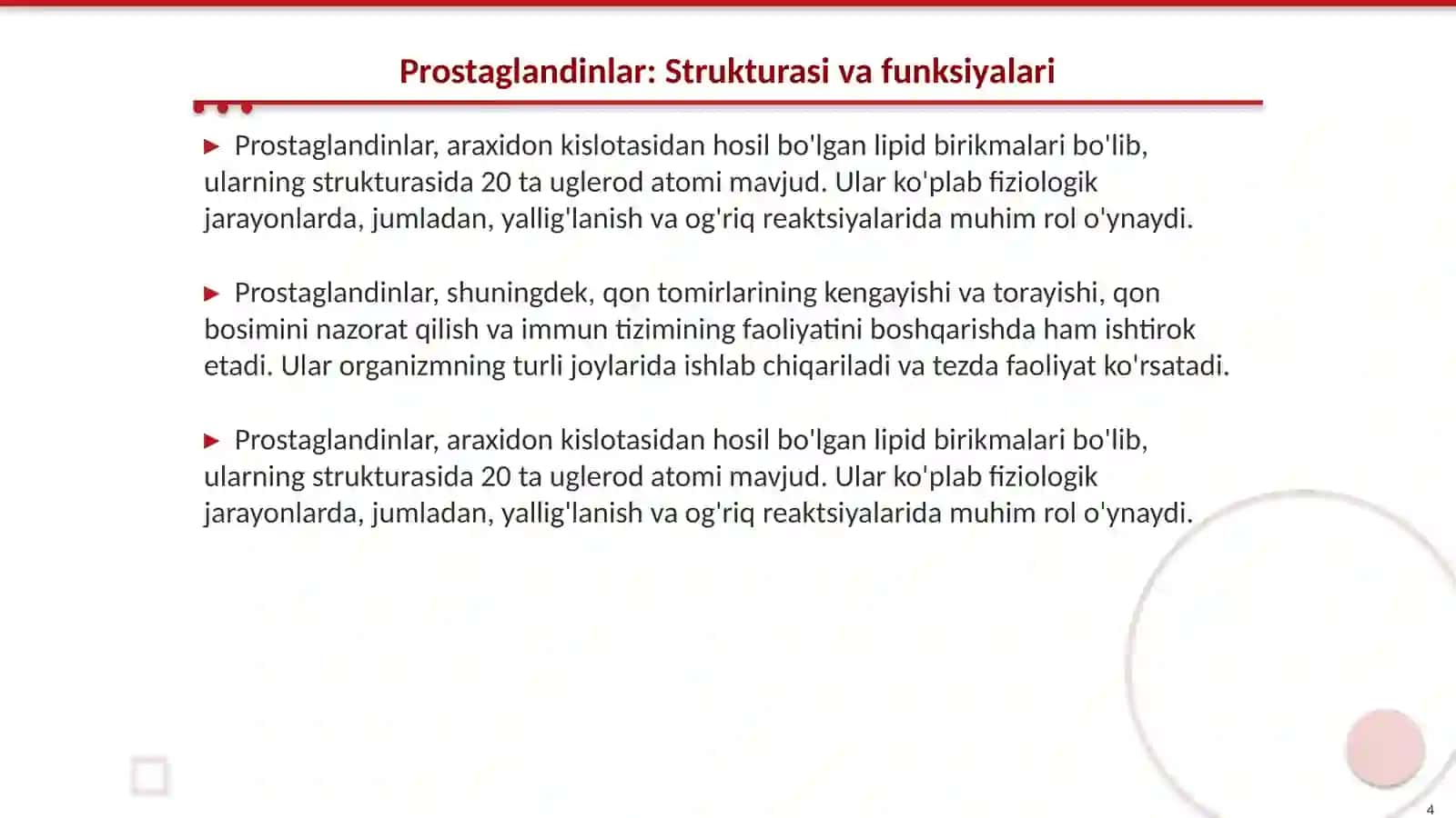 Gormonoidlar. Prostaglandinlar va ulaming biologik ahamiyati 4
