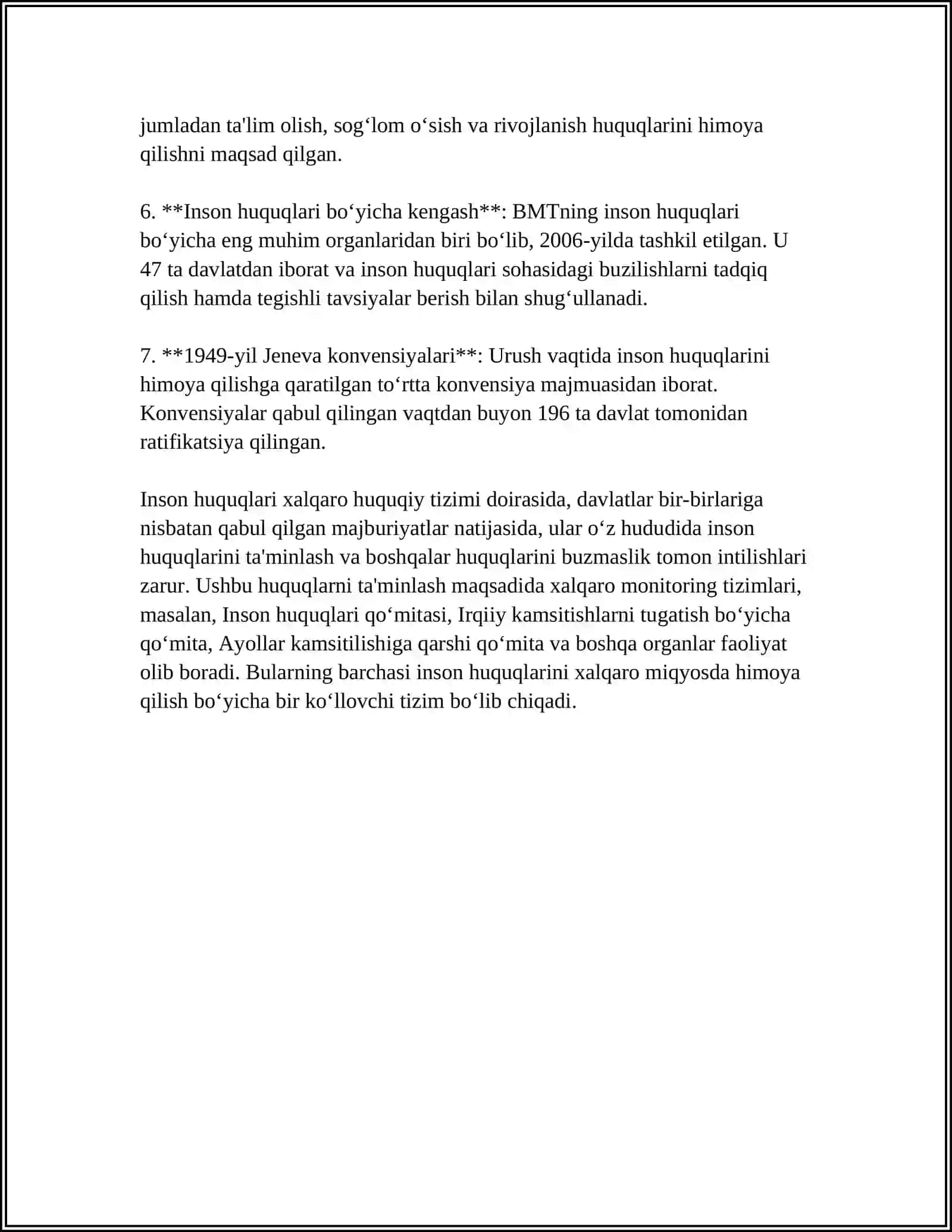 REFERAT Mavzu: INSON HUQUQLARI VA ERKINLIKLARINING KAFOLATLARI. FUQOROLARNING BURCHLARI 4