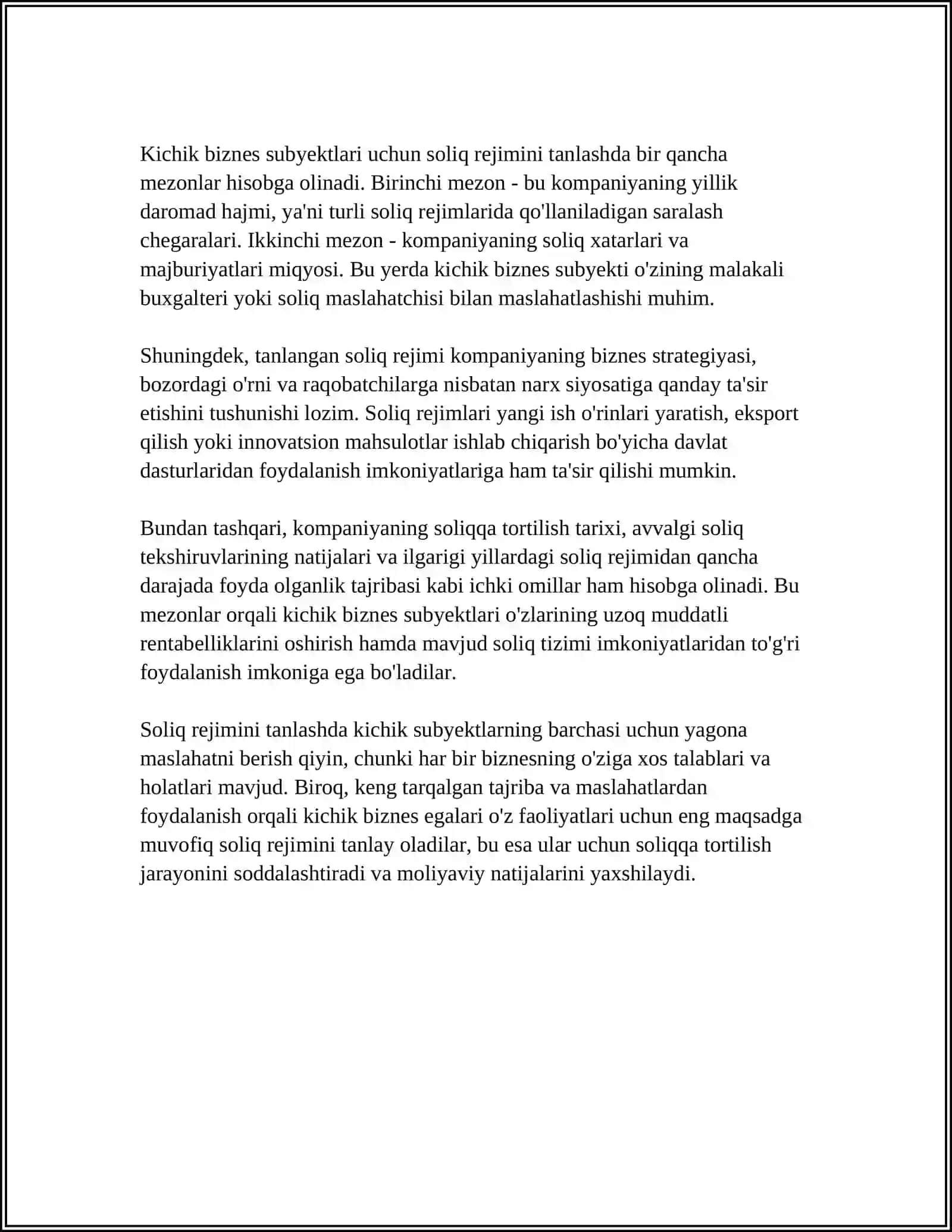 Kichik biznes subyektlari uchun soliqqa tortishning o'zig xos xususiyatlar 4