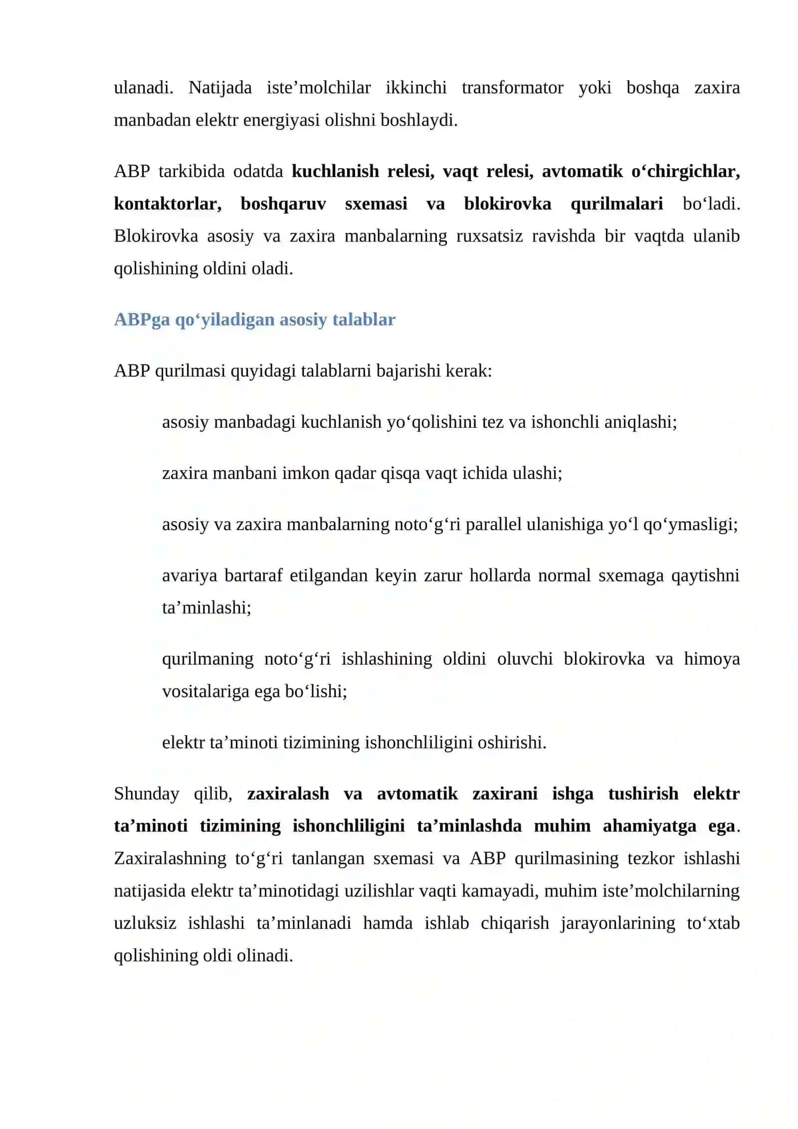 mustaqil ish Elektr ta’minotida zaxiralash usullari va avtomatik ishga tushirishni tashkil etish 4