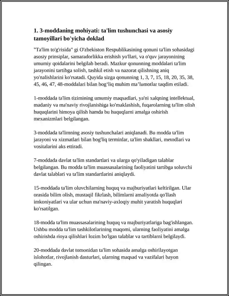 O‘ZBEKISTON RESPUBLIKASI TAʼLIM TOʻGʻRISIDA GI QONUNINING 3 7 15 18 20 35 38 45 46 47 48 MODDALAR MOHIYATI BOʻYICHA DOKLADLAR TAYYORLASH 4