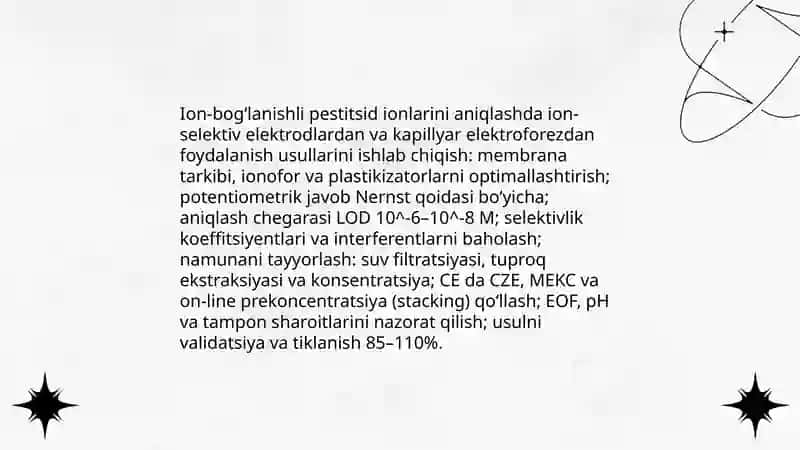 Tuproq va suvning ifloslanishida ion bogʻlanish birikmalarini aniqlash va tozalash usullarini ishlab chiqish 4