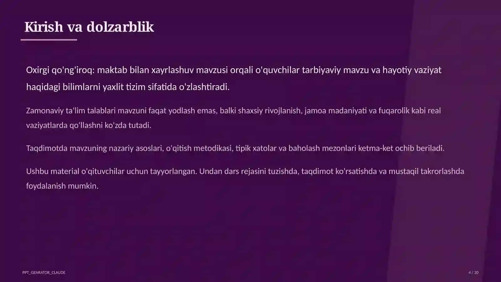 Sinf soati va tarbiyaviy tadbirlar (1–11) — o'qituvchilar uchun 4