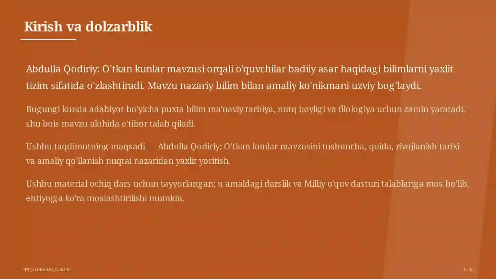 Abdulla Qodiriy: O'tkan kunlar (9-sinf) 4