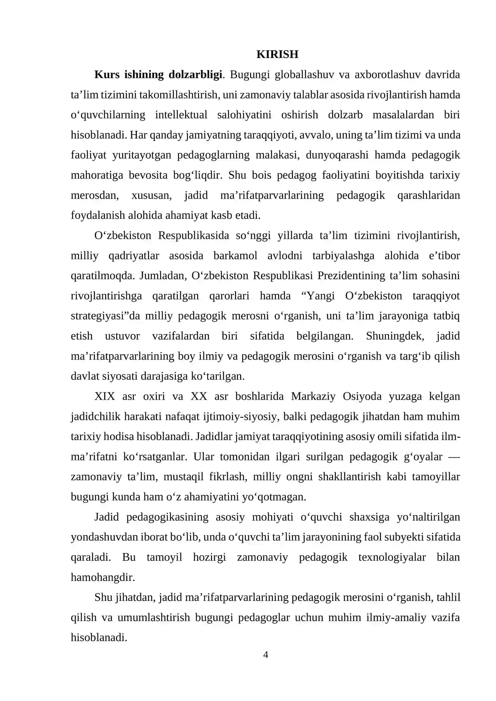 BOSHLANG’ICH TA’LIM PEDAGOGIKASI FANIDAN “PEDAGOG FAOLIYATIDA JADID MA’RIFATPARVARLARINING MEROSIDAN FOYDALANISH” MAVZUSIDAGI KURS ISHI 4